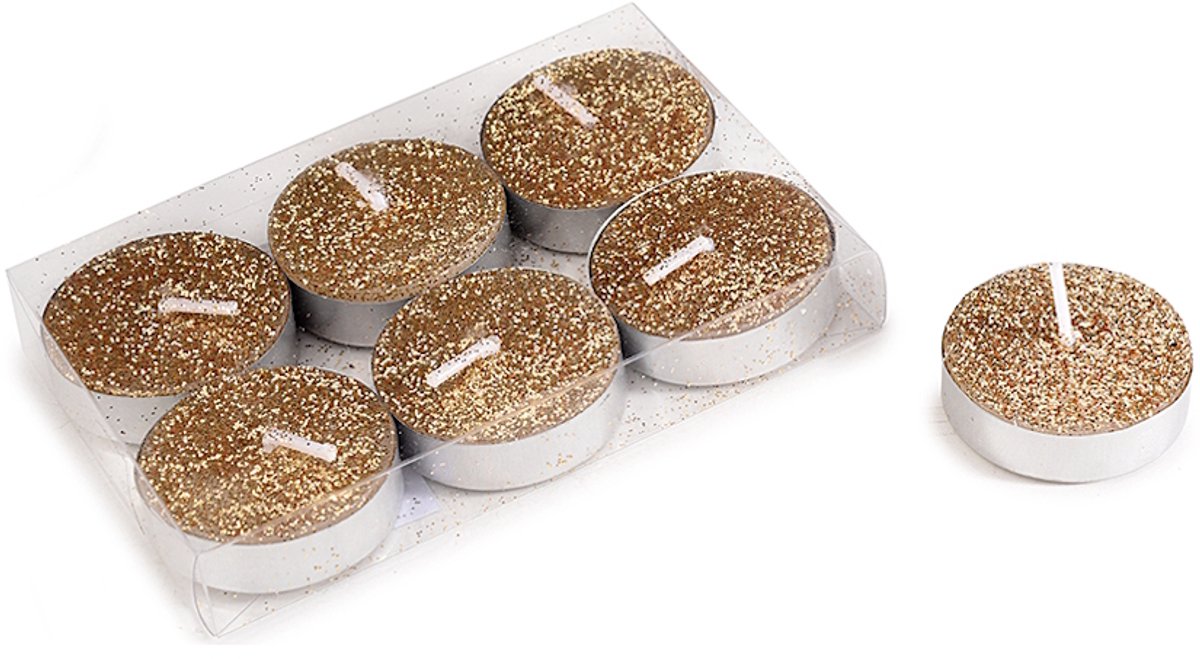 Glitter Waxinelichtjes/Theelichtjes Goud - 6 stuks Ø 3.5 x 1 cm - in transparante box - Kerst - kaarsen