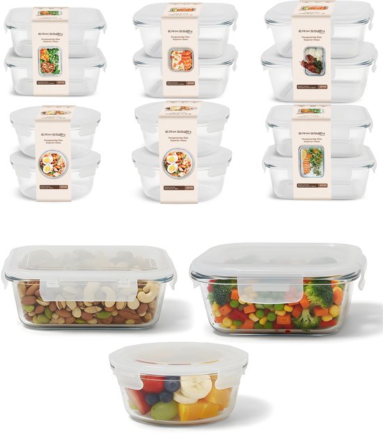 Erikssøn Kitchen Meal Prep Bakjes Set - Glazen Vershoudbakjes - 12 Stuks - BPA Vrij - Luchtdicht - Vershouddoos - Diepvriesbakjes - Met Deksel