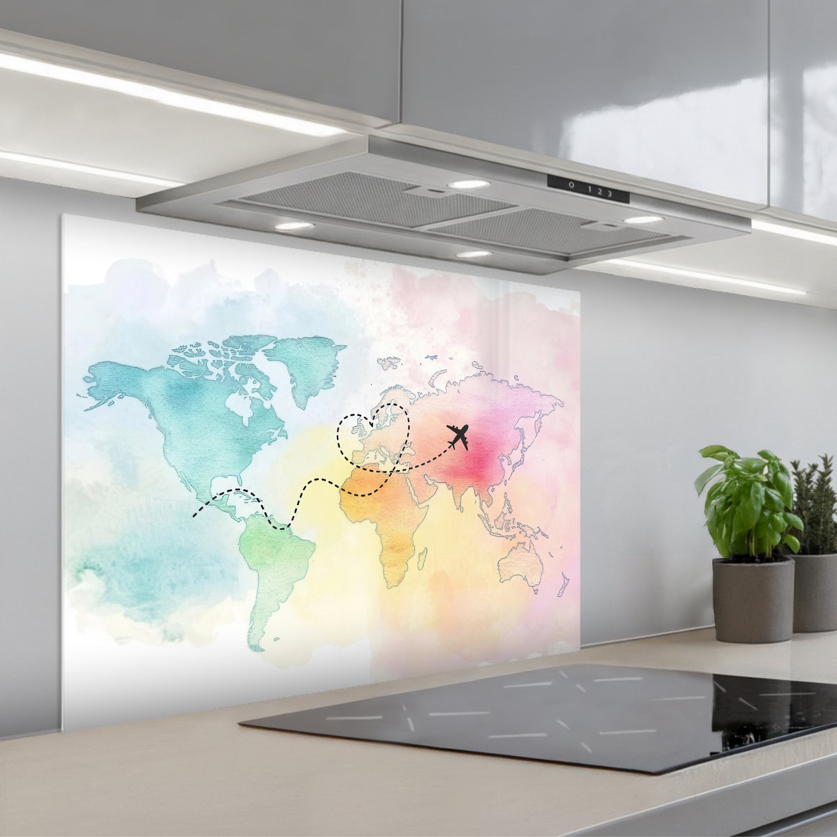 Spatscherm 80x60 cm - Zelfklevende achterwand Wereldkaart - Regenboog - Vliegtuig - Keuken muurbeschermer - Spatwand fornuis