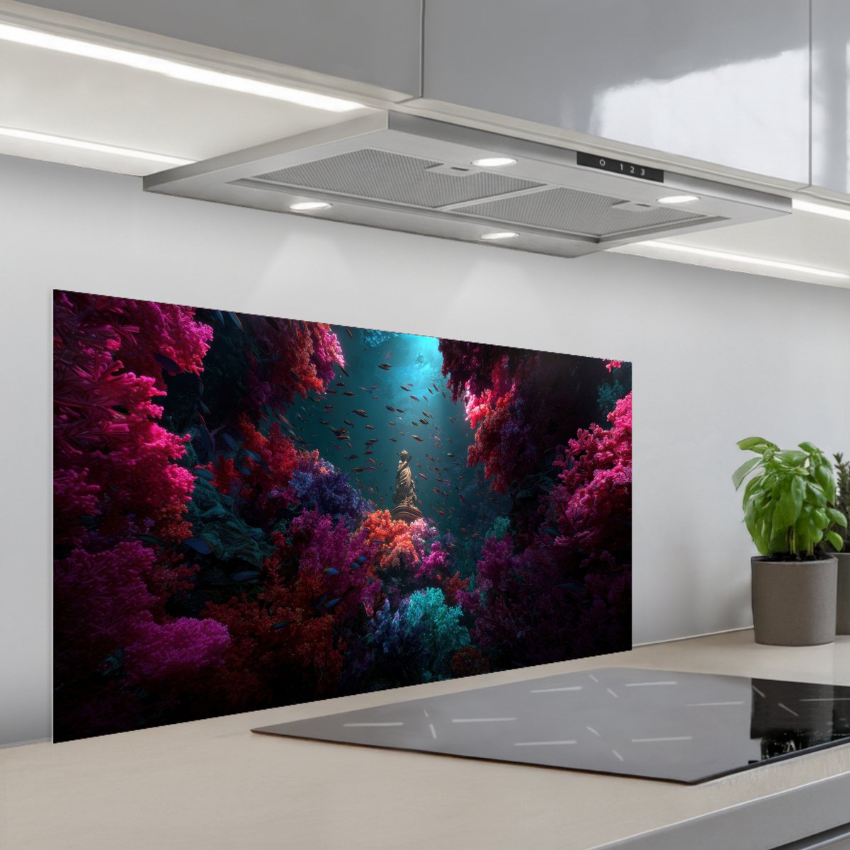 Spatscherm 100x50 cm - Zelfklevende achterwand Standbeeld - Zeebodem - Koraal - Kleurrijk - Keuken muurbeschermer - Spatwand fornuis
