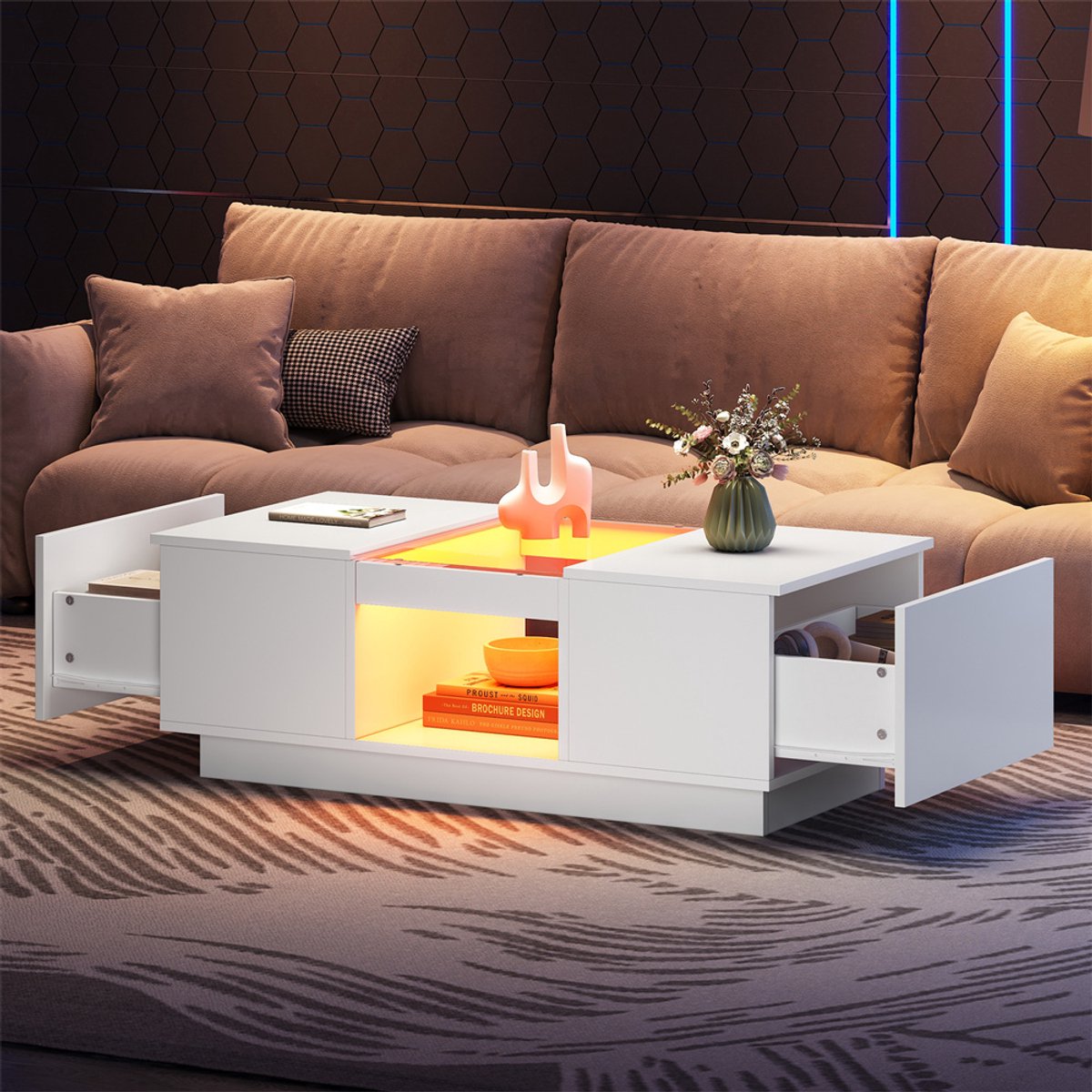 YEHTOKHOME Salontafel met glasplaat - LED Verlichting - App-besturing - 2 lades en 1 open vak - 100x50x35,5 cm - wit