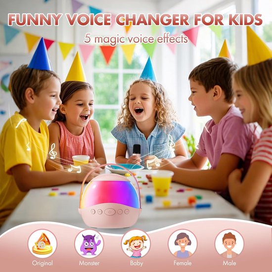 Mini karaokemachine als cadeau Geschikt voor kinderen en volwassenen, draagbare karaokeluidspreker met 2 draadloze microfoons, kindermicrofoon met luidspreker en led-lampje, verjaardagscadeau Geschikt voor meisjes van 3 tot 12 jaar (roze) van Merkloos — afbeelding 3