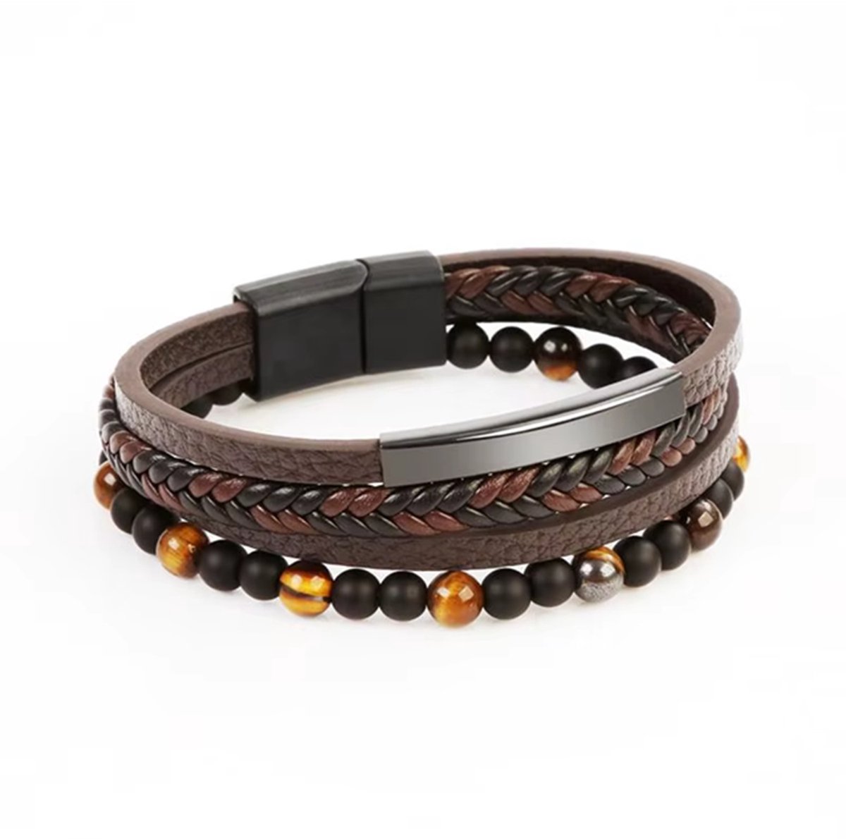 Herenarmband - EmmyRovi – Armband - Bruin & Zwart – Leerlook – Sieraden - Cadeau