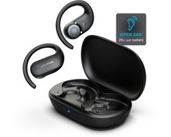 JLab JBuds Open Sport Draadloze Oordopjes - Open Ear Sport Oortjes - 26 uur Batterijduur - IP55 Zweetbestendig - Bluetooth 5.3 - Multipoint - USB C - Zwart
