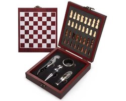 Nina’s Giftshop® luxe wijnset met schaakspel in houten kist – wijnaccessoires cadeau voor hem & haar – kerstcadeau, Valentijn, Moederdag & Vaderdag
