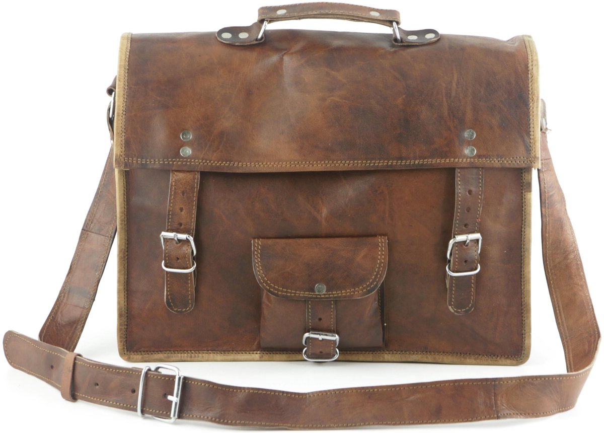 Laptop Tas ECHT LEER Messenger Tas – Urban Vintage Satchel Tas 39 x 28 x 11 cm - 16 inch “Lobo” – model 0912 – Kleur Cognac Bruin