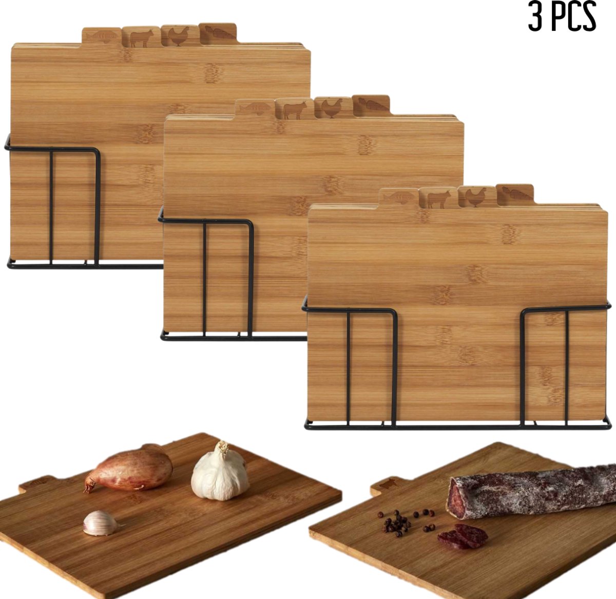 OTIX Snijplankenset set van 3 met Houder - Set van 4 - Bamboe - Houten Snijplanken - Hakblok - CASY