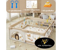 Grondbox – Speelbox – Kinderbox – Kruipbox – Playpen – Baby - 120 x 120 x 65 cm – Dubbelzijdige Speelmat – 65 Speelballen – 2 optrekhandvatten – Rits Opening