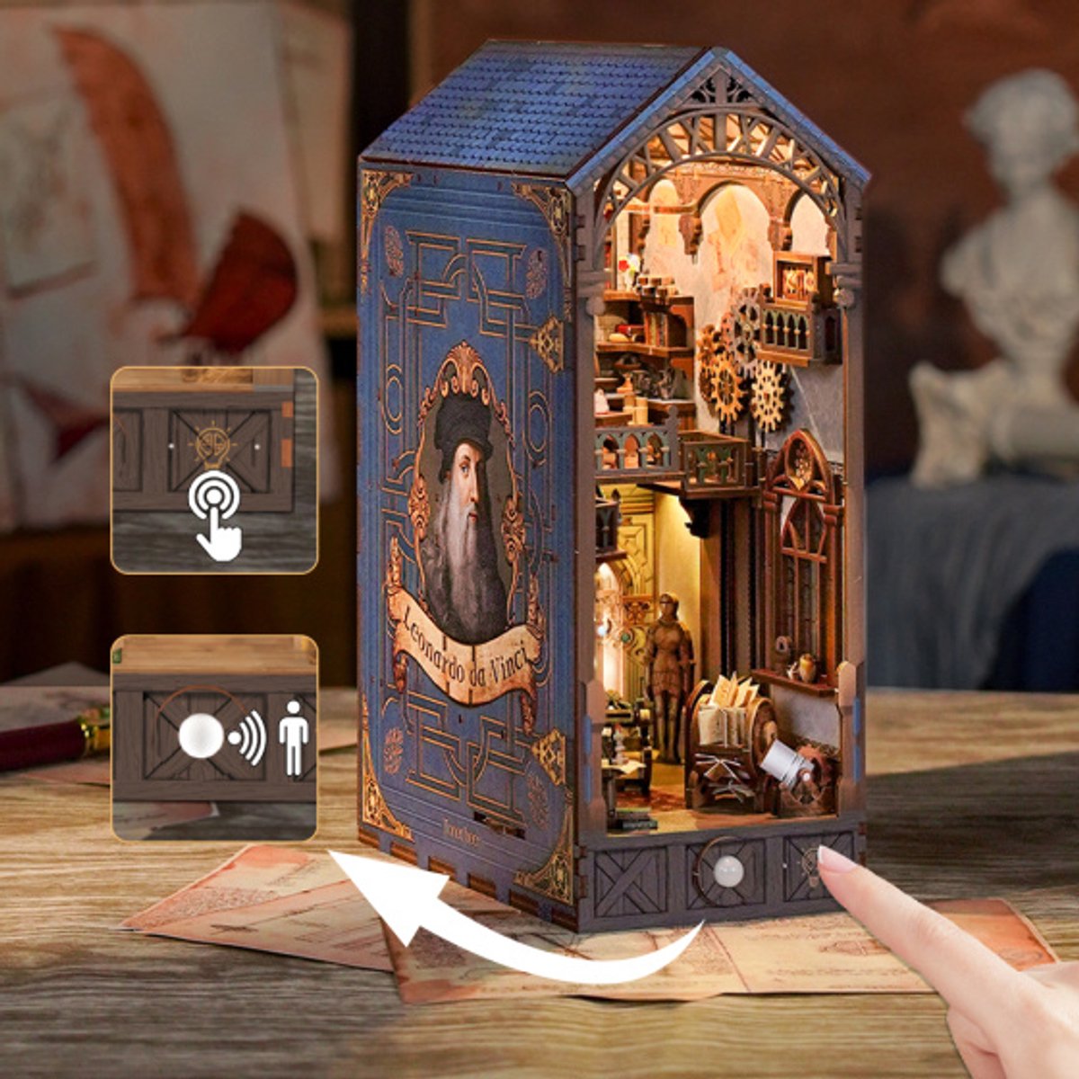Tonecheer Leonardo da Vinci Book Nook Bouwpakket - Modelbouw - 19 x 10,8 x 26,9 cm - Houten 3D Puzzel - Boekensteun - LED-licht - Bewegingssensor Licht - Boekenhouder — afbeelding 2