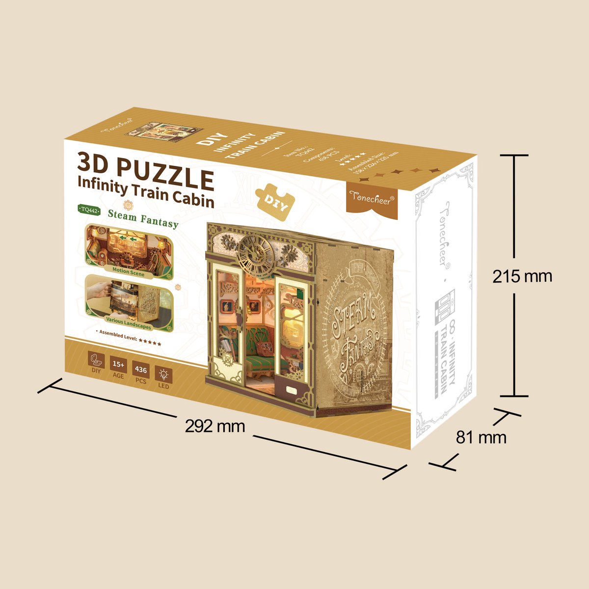 Tonecheer Steam Fantasy Book Nook Bouwpakket - Modelbouw - 15,8 x 22,4 x 22,5 cm - Houten 3D Puzzel - Boekensteun - LED-licht - Bewegingssensor Licht - Boekenhouder — afbeelding 3
