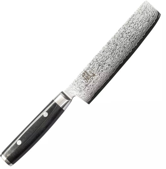Yaxell Japonais - Série Ran - Couteau de Chef Nakiri - Acier VG10 - 61 HRC - Lame 16,5 cm - 69 Couches d'Acier Damassé - Toile-Micarta Heft