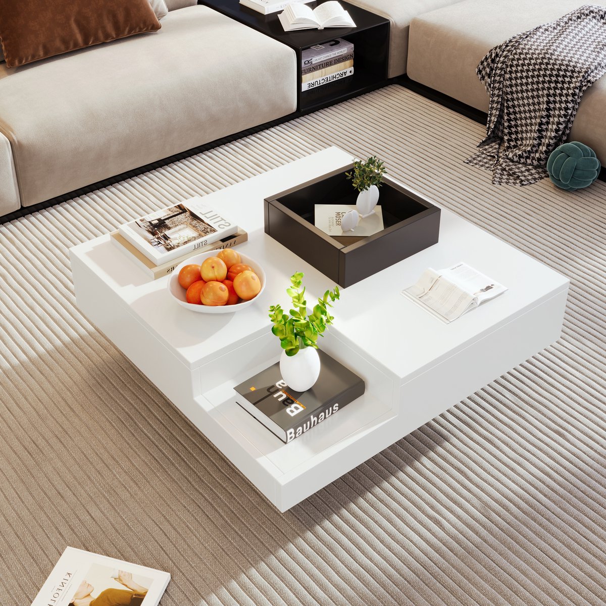 STILVORA Salontafel - Hoogglans Koffietafel Met Afneembare Opbergbox En LED - Vierkant - Modern Voor Woonkamer - 72x72x30 cm - Spaanplaat - Wit
