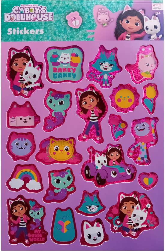 Vellen met stickers van Gabby's Poppenhuis met Gabby, Pandy Paws, Cakey Cat en andere personages. Holografische stickers met een regenboog, huisje en cupcakes.