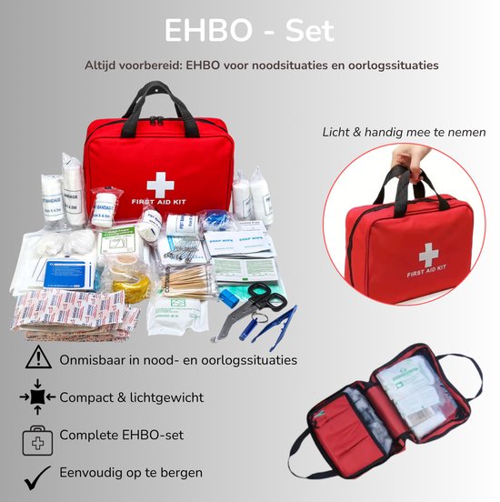 Rode EHBO-tas met medische benodigdheden, naast een open EHBO-tas