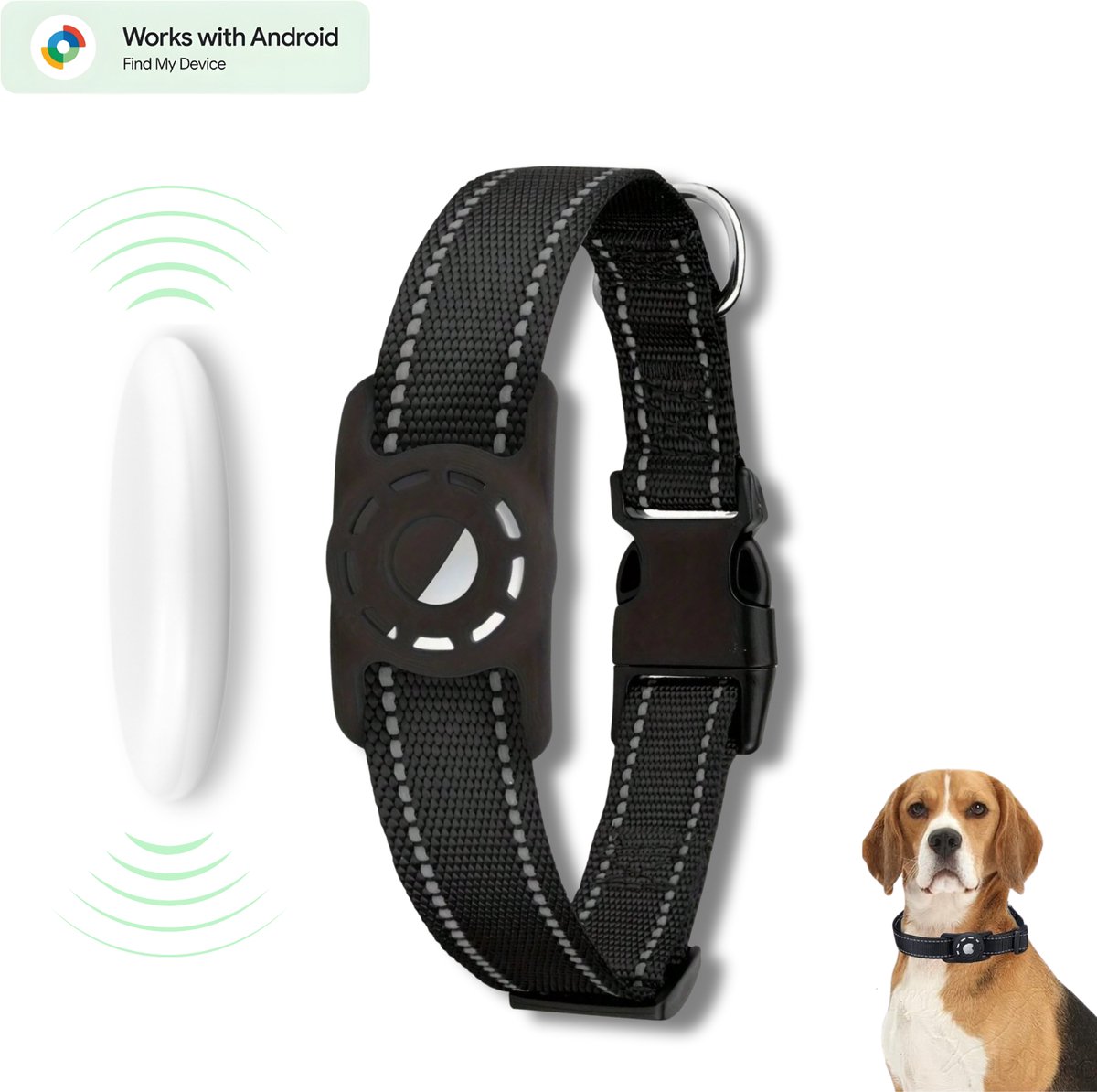 Hond tracker voor Android - Loshall - Compatibel met Android Find My Device - Halsband inclusief tracker voor Android - Bluetooth tracker - Google Find Hub - Onbeperkte lokalisering - Met geluidssignaal - Waterdicht - Zwart - L