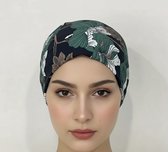 Large bande élastique pour cheveux noire avec imprimé de feuilles – bande élastique boho avec nœud – accessoire cheveux stretch avec motif vert et brun pour un usage quotidien ou les vacances