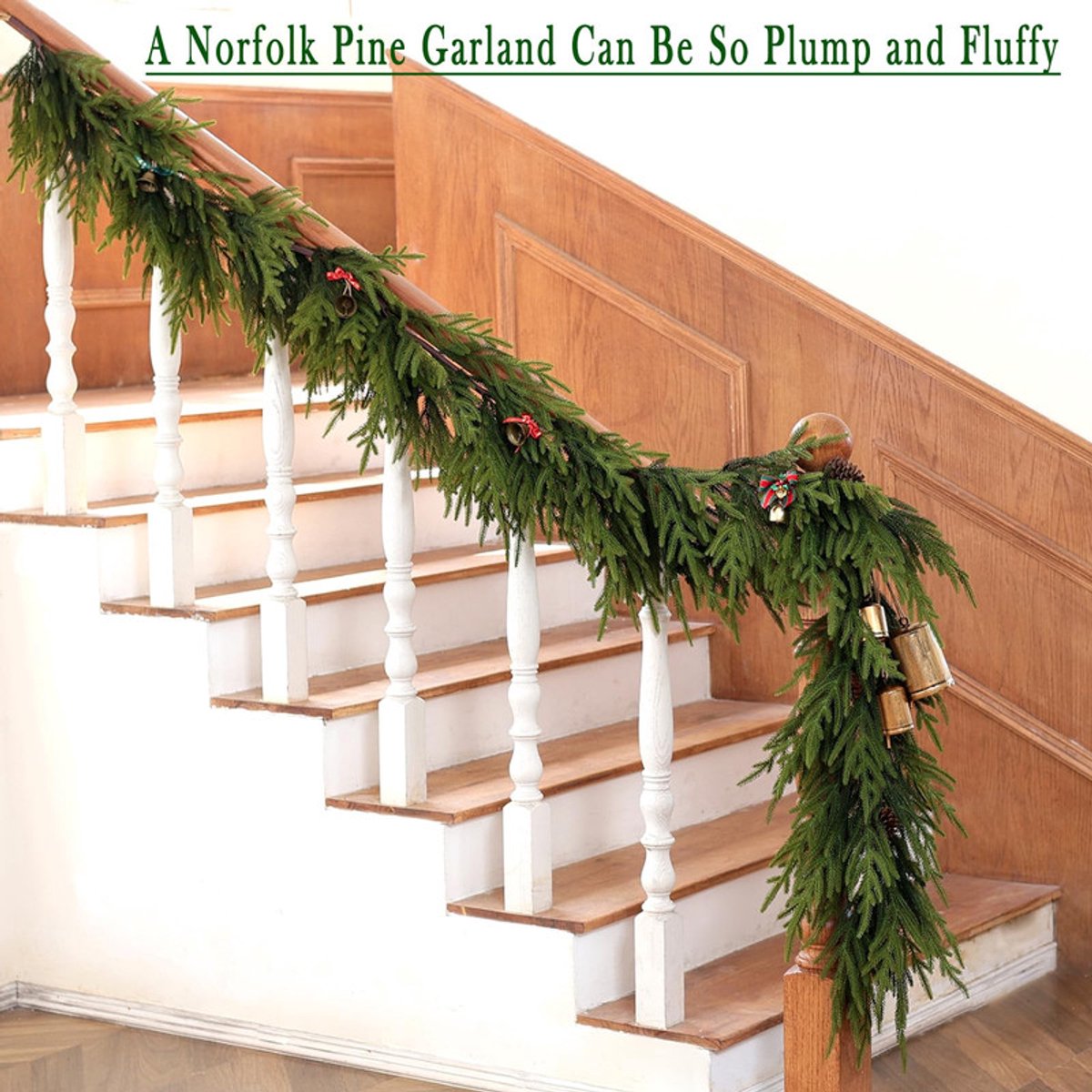 Krans van Norfolk-dennen - 1,8 m kunstmatige kerstkrans - Realistische winterkrans van dennen - Groene kunstmatige groene krans - Geschikt voor feestdecoraties, open haarden, schouwen, ramen, trappen en binnen- en buitendecoraties. – foto 6