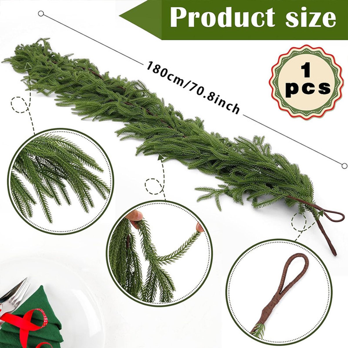 Krans van Norfolk-dennen - 1,8 m kunstmatige kerstkrans - Realistische winterkrans van dennen - Groene kunstmatige groene krans - Geschikt voor feestdecoraties, open haarden, schouwen, ramen, trappen en binnen- en buitendecoraties. – foto 5