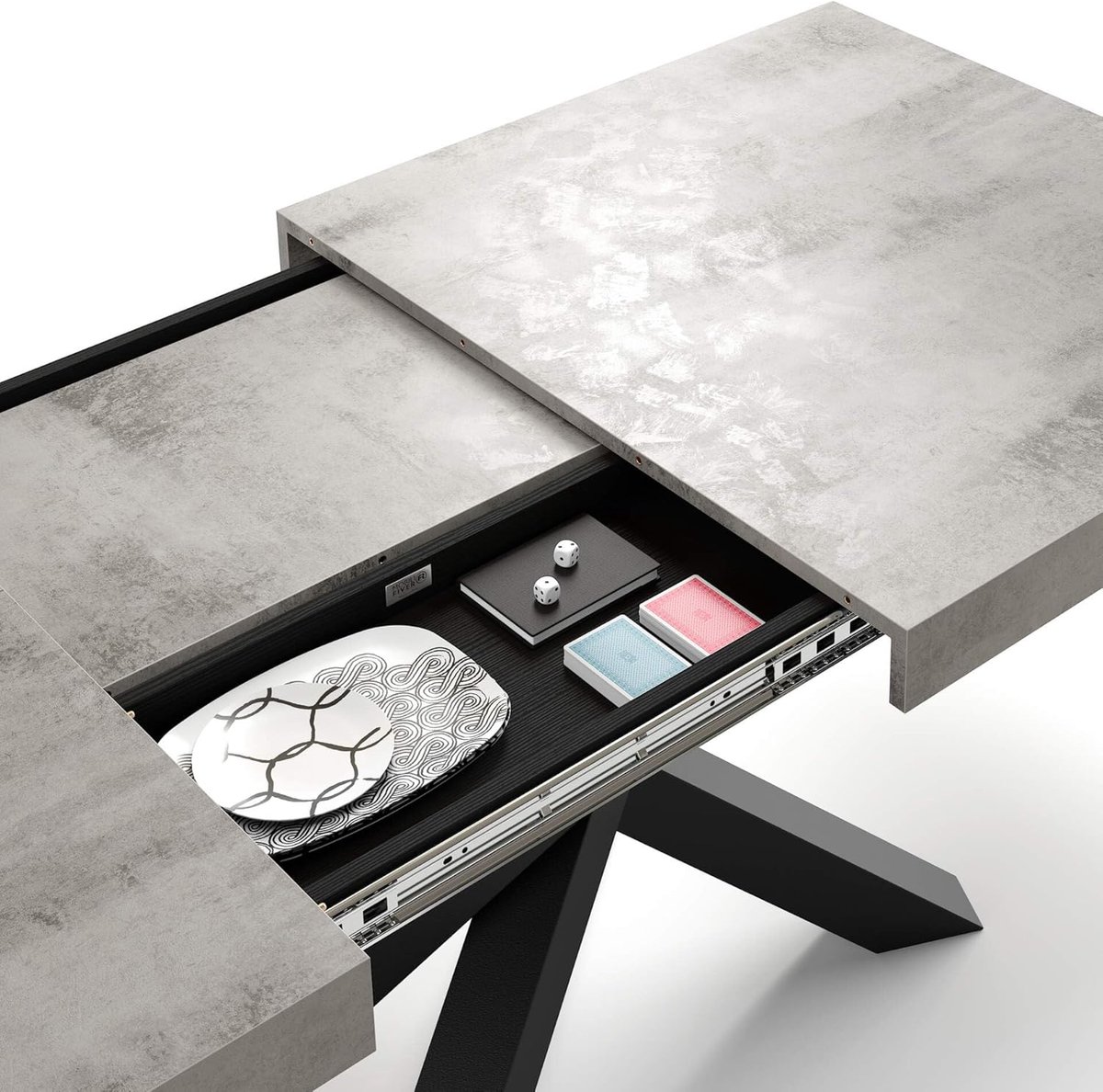 Uittrekbare Eettafel Industrieel – HomeByNicole Emma Deluxe 160-240 x 90 cm – Grijs Beton met Zwarte Gekruiste Poten – Moderne Eettafel voor 6 tot 10 Personen – Made in Italy – Design Uittafel met Opbergruimte