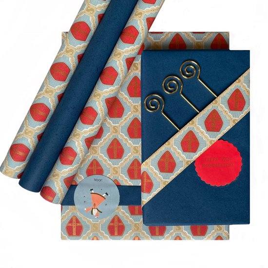 Sint Eco Inpakpapier - 26-delige inpakset met naamstickers & gouden stafjes