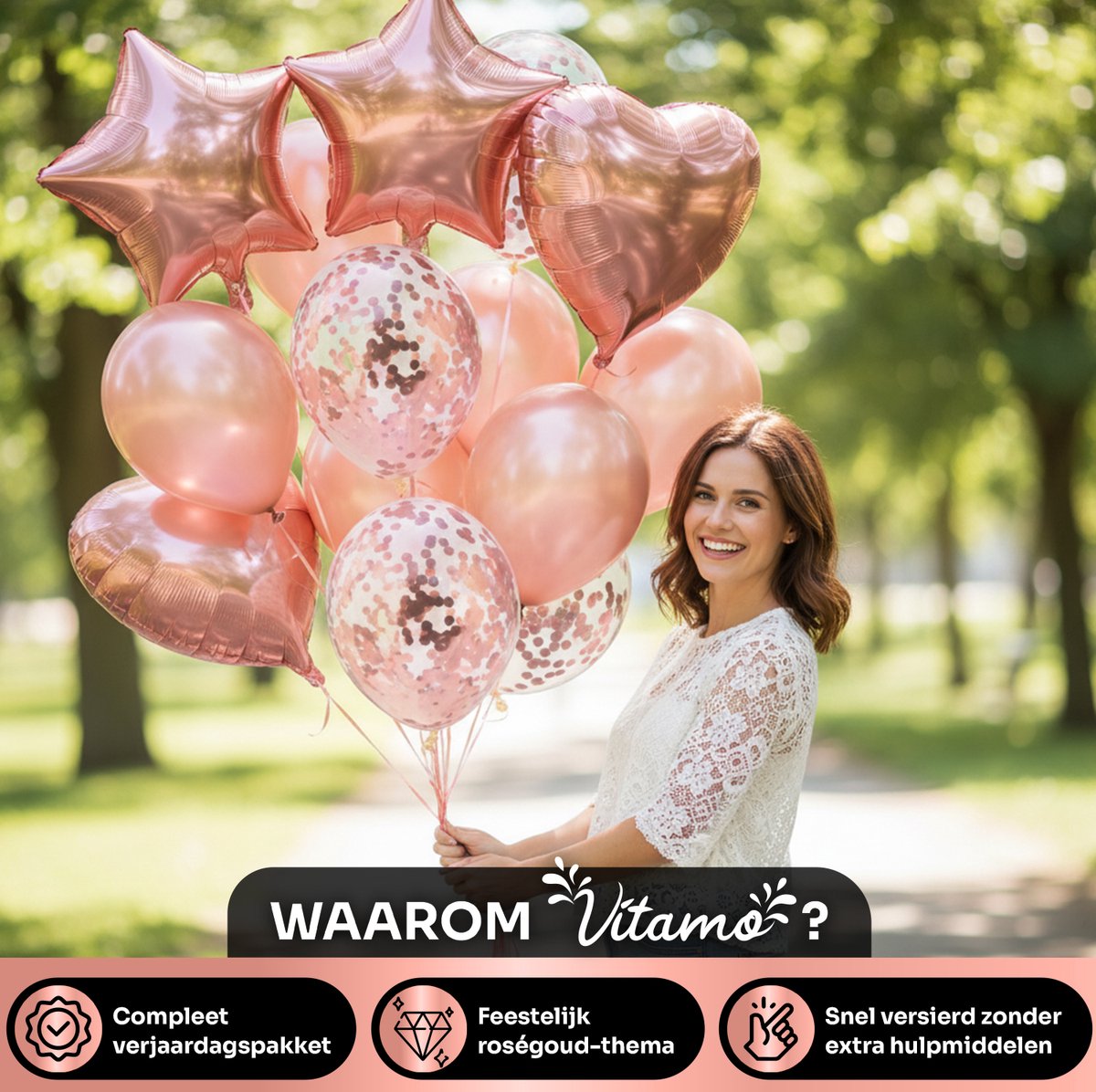 Vitamo™ Roségoud Verjaardag Versiering met Ballonpomp - Cake Topper - Feestversiering - Happy Birthday Feestpakket - Ballonnen - Slinger - Verjaardagsfeest - Feestartikelen - Roze Goud Feestdecoratie XL — afbeelding 3