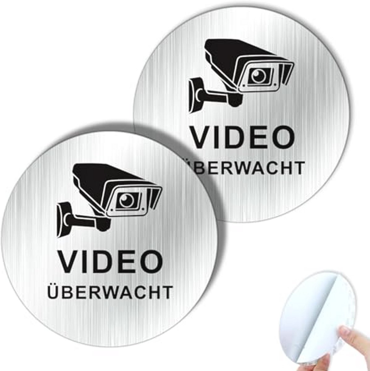 Videobewaking bord klein zelfklevend geborsteld aluminium 10 cm voor verschillende oppervlakken (2 stuks)