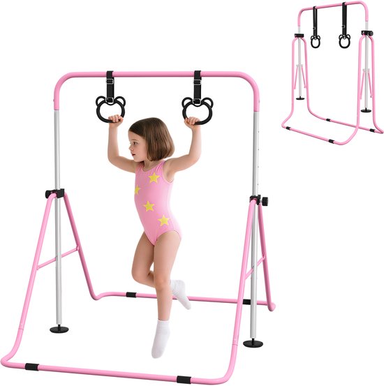 Barre de gymnastique Kids HOMCOM en acier rose, 148 cm (L) x 105 cm (l) x 88-128 cm (H).