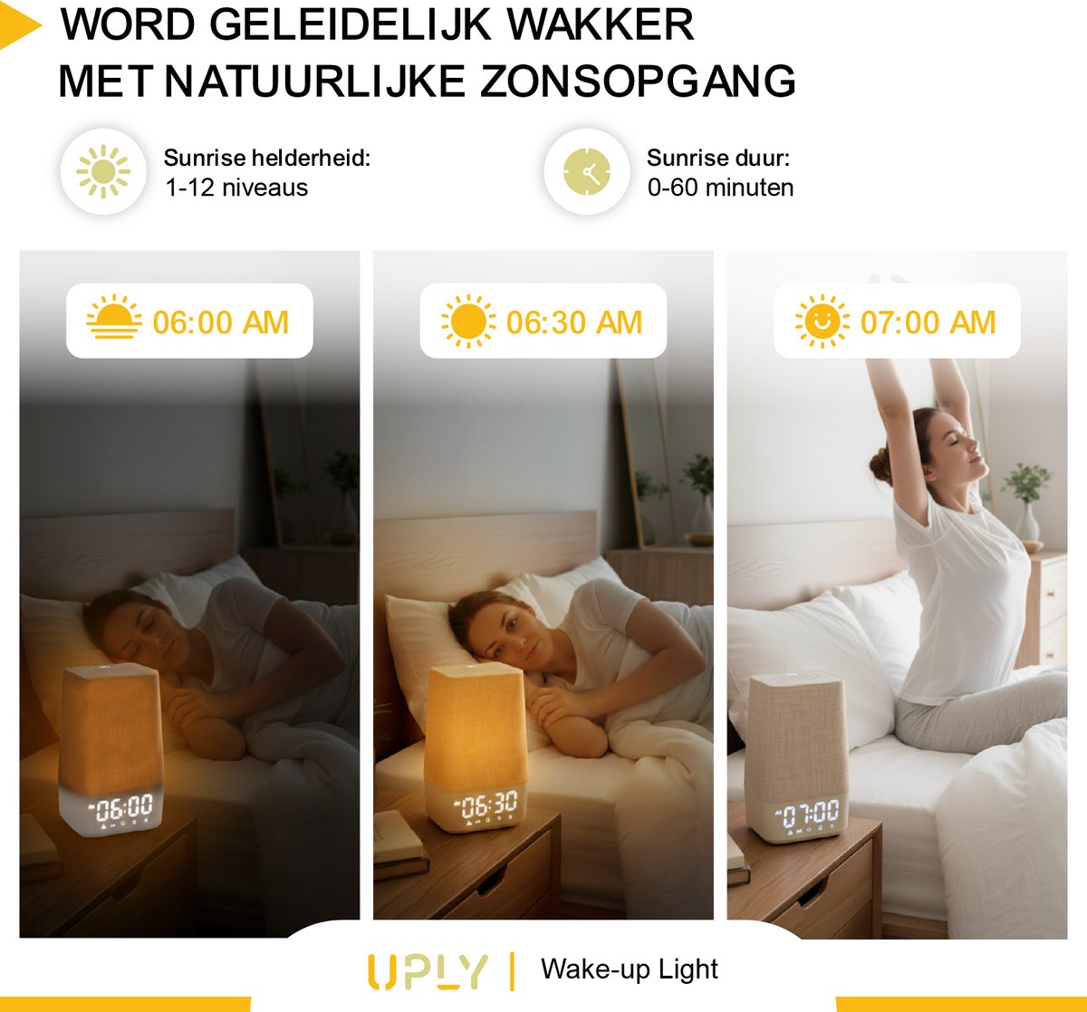 UPLY Wake up light - Met USB oplaadpunt - Met 30 geluiden - Wekker met licht - White noise - Digitale wekker — cadeau in Wonen & Interieur - foto 4