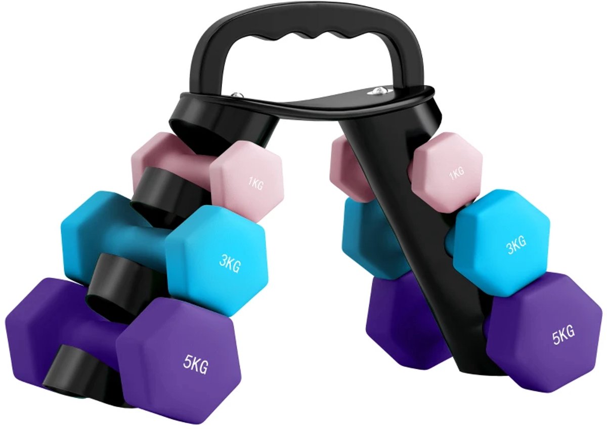 Halterset met Halterstandaard - Dumbells - Gewichten - Dumbells set van 6 Halters - Gewichten Fitness - 2 x 1 kg, 2 x 3 kg, 2 x 5 kg - Halter set voor Krachttraining, Workout, Gym