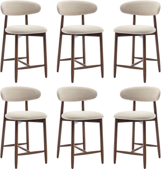 Tabourets de bar hauts COLAMY, lot de 6, tabourets de bar de cuisine avec dossier, style moderne du milieu du siècle, revêtus de tissu, pieds en bois, pour îlot de cuisine ou salle à manger, beige
