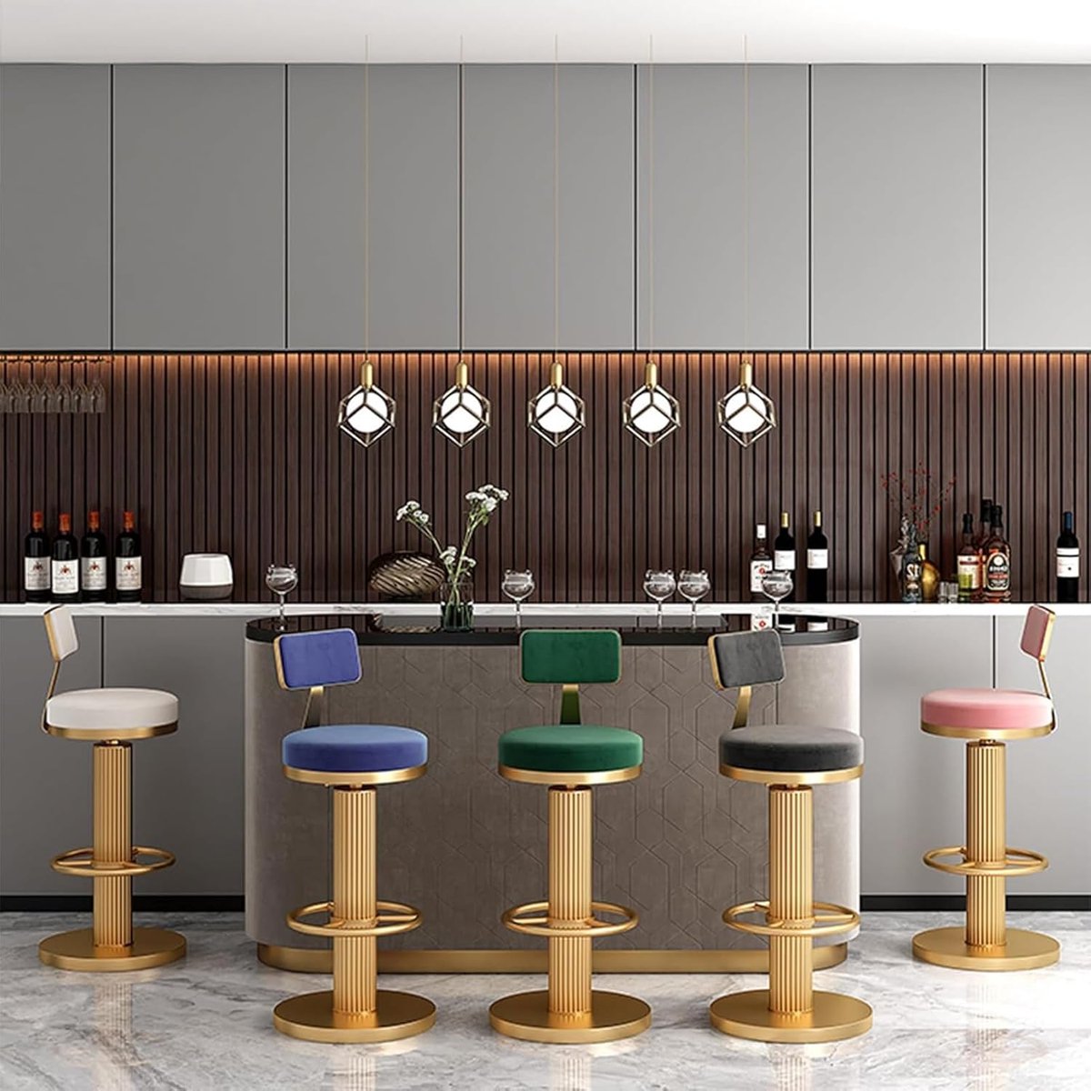 Luxe Verstelbare Velvet Barkrukken Set van 2 – 360° Draaibare Designer Barstoelen met Rugleuning en Voetensteun – Metalen Padded Keuken- en Counterstoelen voor Thuis, Restaurant en Café – 25,6 Inch