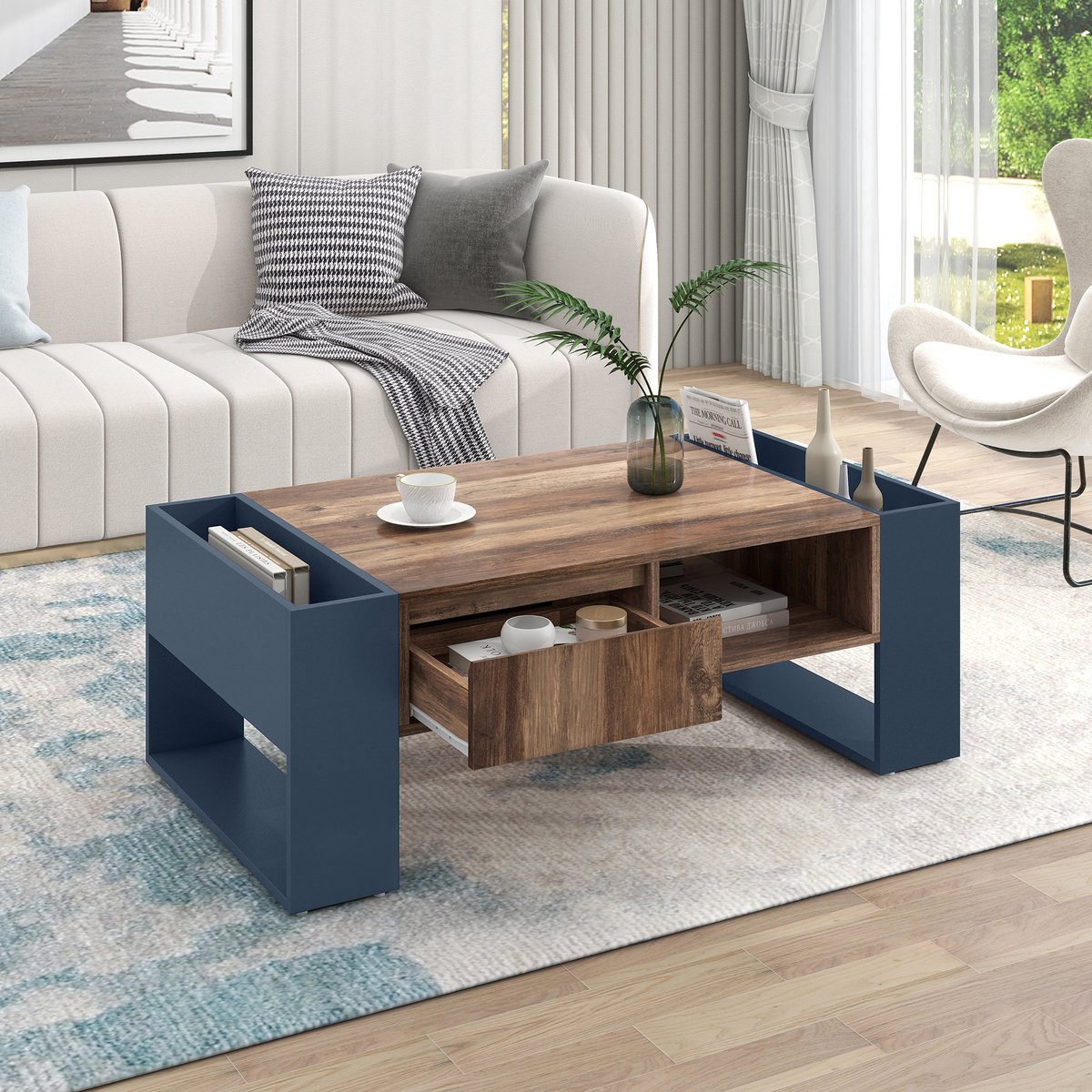 OKWISH Salontafels 106,4x40x60 cm - Salon Tafel Met Opbergruimte - Moderne Koffietafel - Rechthoekig - Bijzettafeltjes Woonkamer - Spaanplaat - Zwart