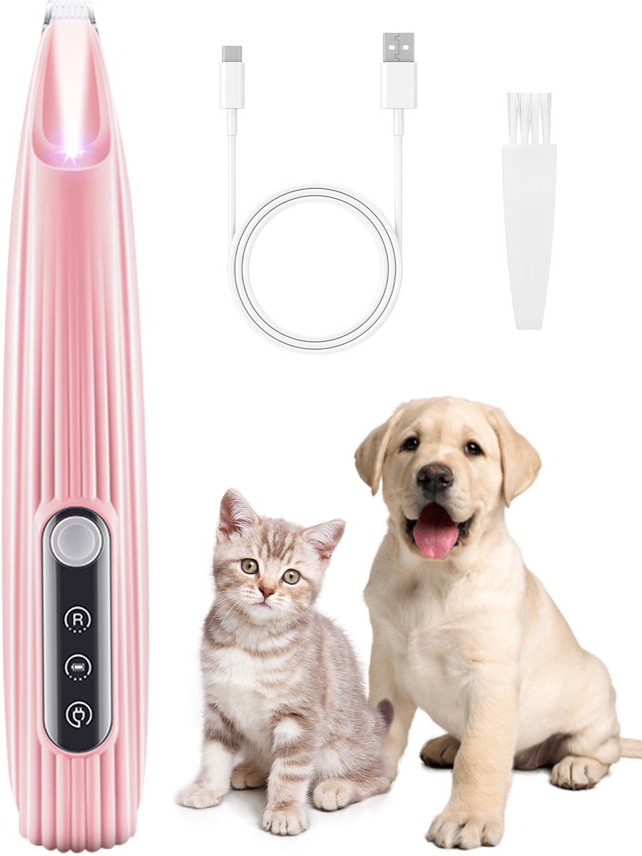 Trimmer voor huisdieren - Elektrische trimmer voor poothaar - Multifunctionele trimmer - Geschikt voor honden en katten - Draadloos opladen via USB Type-C - Stil (35 dB) - LED-verlichting - Inclusief 2 accessoires - Roze