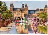 Het Rijksmuseum in Amsterdam met de tekst 'I amsterdam' en een reflectie in het water.