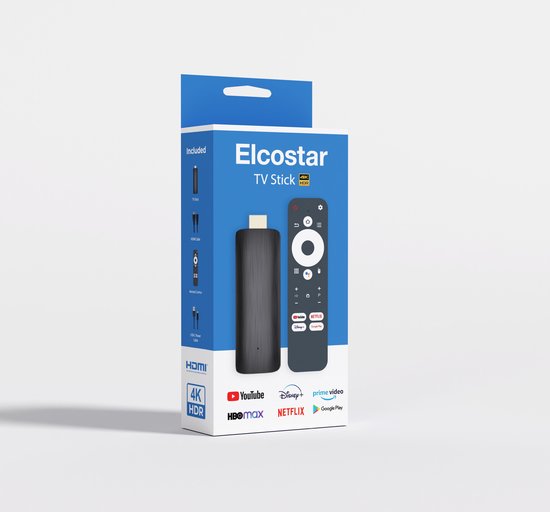 Doos van de Elcostar TV Stick met afbeeldingen van de stick, afstandsbediening en app-iconen zoals YouTube en Netflix.
