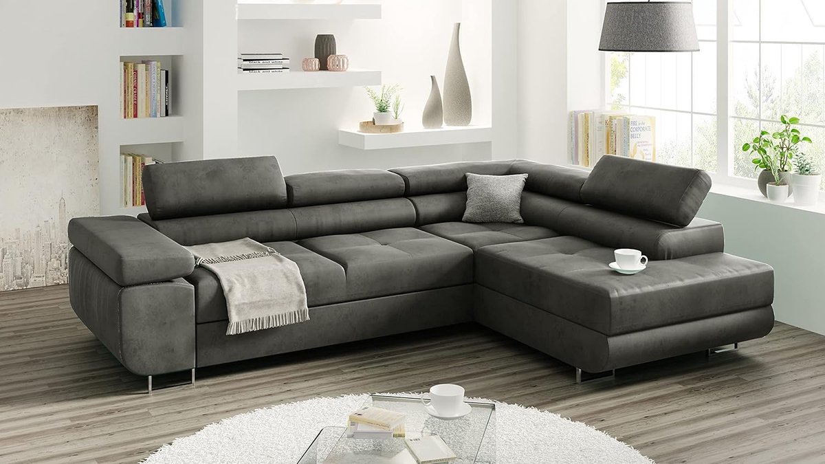Miami XL Hoekbank met Slaapfunctie – Grote L-vormige Bank met Rechts Ottoman, Bedkasten & Luxe Velours Stof – 5-Zits Bank, Comfortabele Hoekbank 272 x 203 cm – Woonkamerbank, Slaapbank, Modern Design