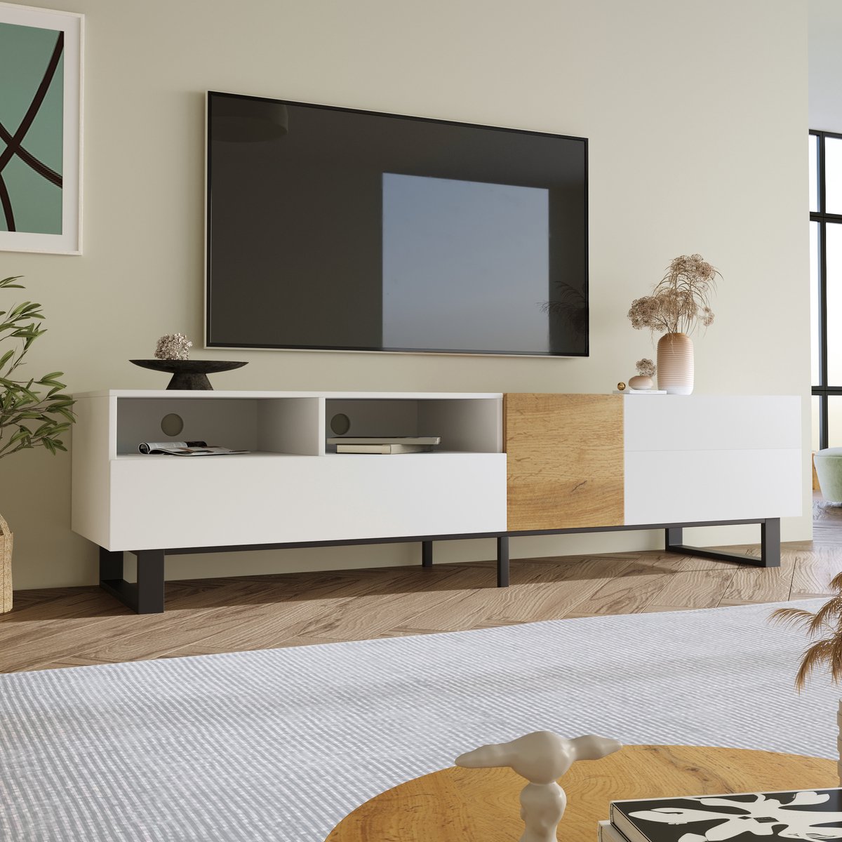 OKWISH TV-kasten 180x38x50 cm - TV meubel Met Twee Laden En Deuren - Stijlvol En Praktisch - Rechthoekig - Televisie Meubel - MDF - Wit + Houtkleur