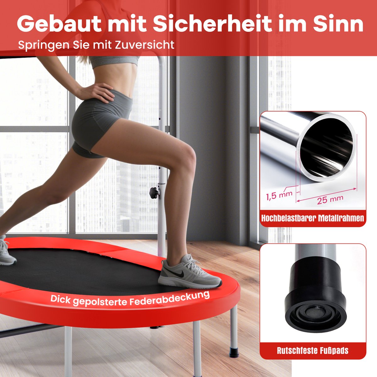 COSTWAY Trampoline voor 2 personen, met in hoogte verstelbare handgreep, mini-trampoline tot 150 kg belastbaar, kindertrampoline inklapbaar, tuintrampoline voor kinderen en volwassenen (rood) — afbeelding 5