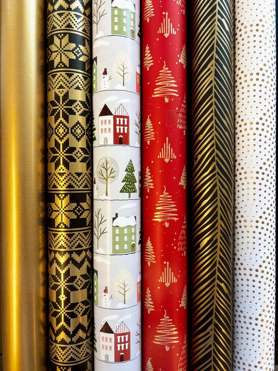 Inpakpapier Kerstmis 6 Luxe Rollen- Breedte 70 cm - 2m lang