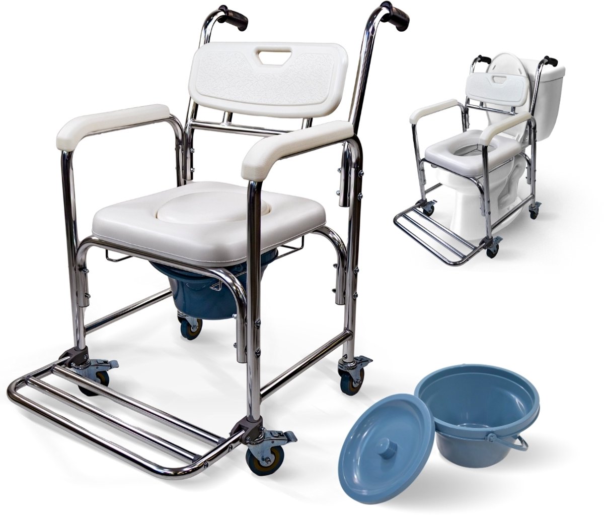 Mobiclinic Rope - Toiletstoel met wielen - Aluminium - Met rugleuning en armleuningen - Inclusief emmer met deksel - Douchestoel - 4 Geremde wielen - WC Stoel - Ergonomisch - Veelzijdig en lichtgewicht - Wit