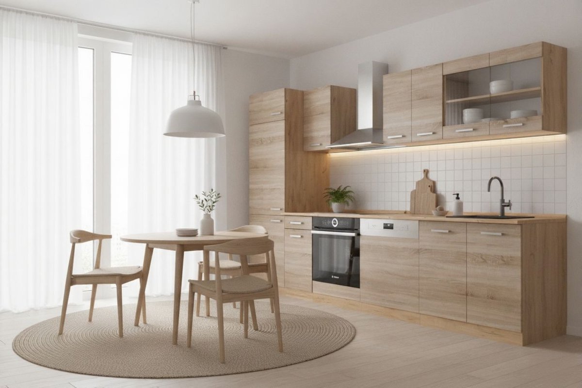 Complete Keukeneenheid Keukenblok 300 cm Sonoma/Goldkraft Eiken – Modern, Vloermontage, Stofdicht, Met Goldkraft Eiken Werkblad en Onderkasten 60 x 300 x 81,6 cm – Novihome