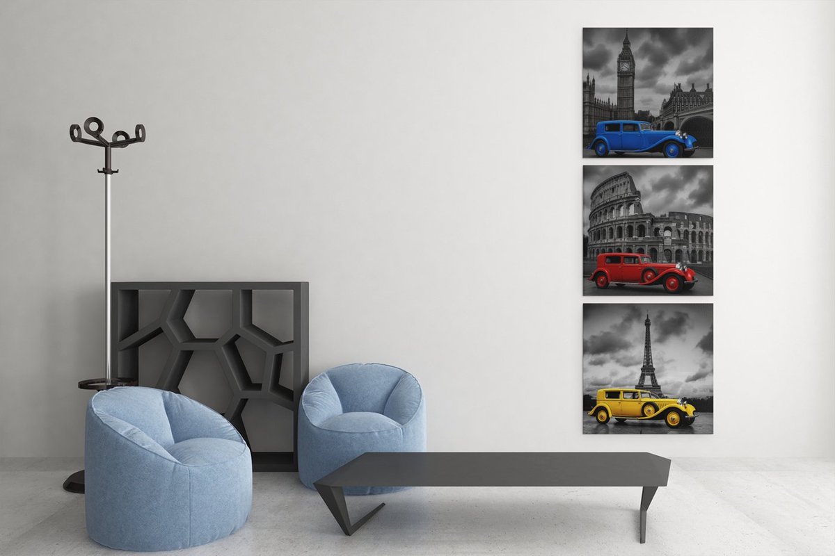 Trendex Global Drieluik Canvas Schilderij Retro Auto’s – Londen, Rome en Parijs - 3x30x30 cm Kleurrijk