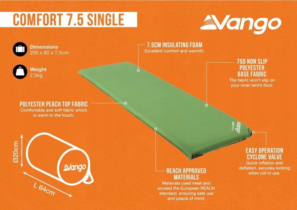 Vango Comfort 7.5 Eenpersoons Zelfopblazende Slaapmat - Groen