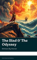 Une illustration d'un guerrier grec sur un rocher avec le titre 'The Iliad & The Odyssey'.