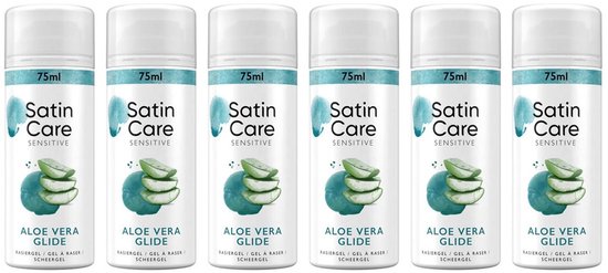 Zes flacons Satin Care Sensitive Aloe Vera Glide scheergel, 75ml.