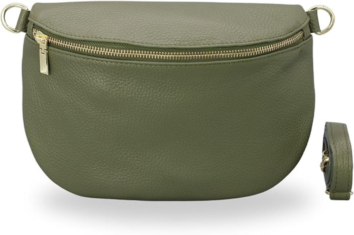 BELCHOME AFIA heuptas voor dames, handgemaakte schoudertas en crossbodytas van echt leer met leren riem en brede schouderband met patroon, 3 vakken, stijlvol, gemaakt in Italië, Khaki