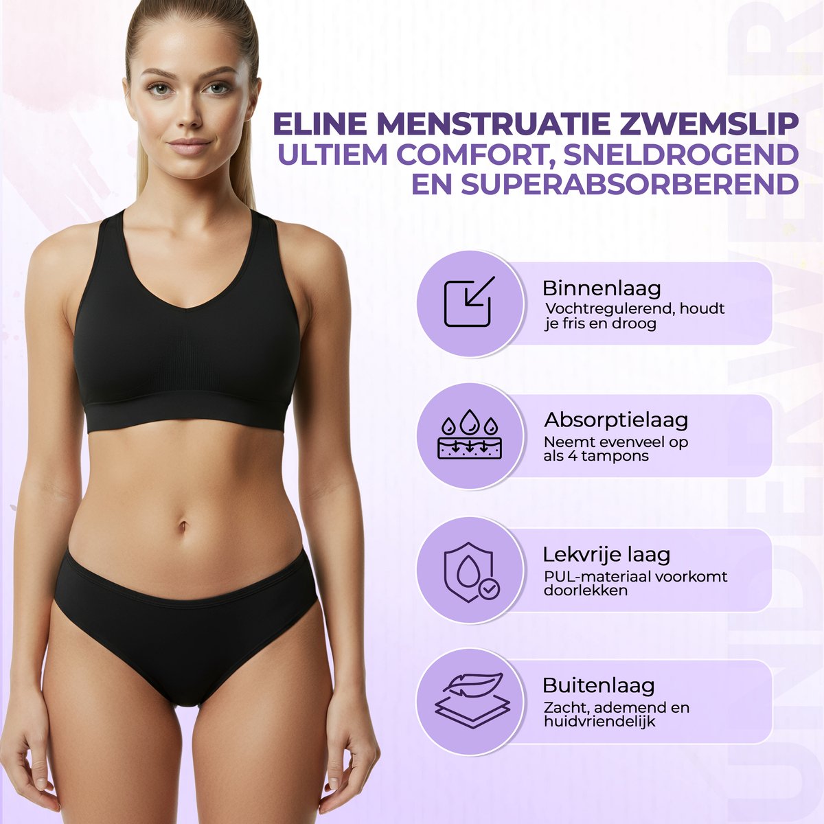Menstruatie Zwemslip - Eline - 4 Laags - Lekvrij Menstruatie Zwemkleding - Period Underwear - Menstruatie Ondergoed Dames - Incontinentie Zwembroekje - Wasbaar - Herbruikbare Inlegkruisjes - Tampons - Maandverband - Incontinentiebroekjes — afbeelding 9