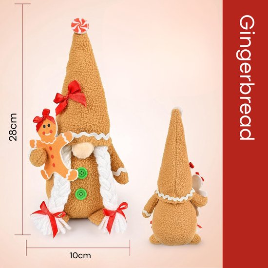 Twee kerstkabouters, een grote van 28cm en een kleine, met gingerbread-thema. De grote kabouter heeft groene knopen en een witte sjaal.