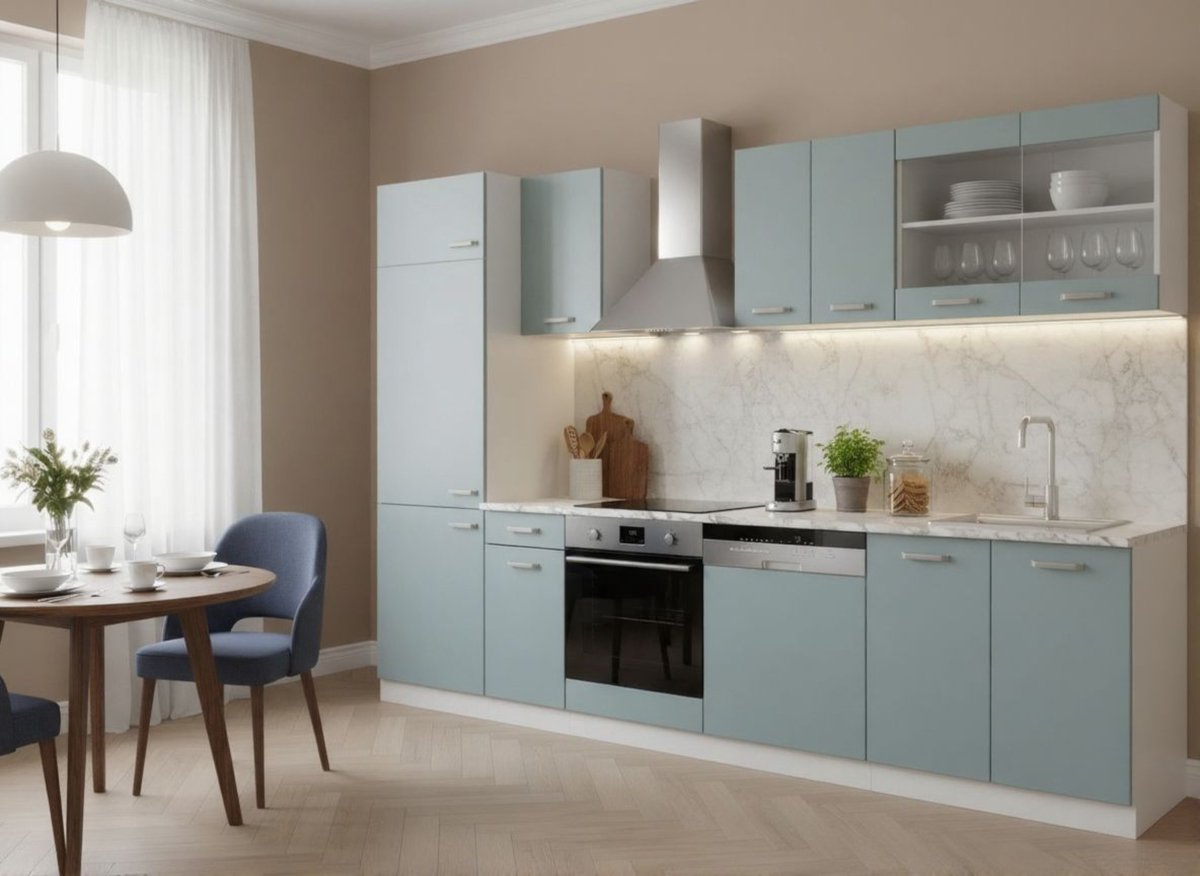 Keukenblok 300 cm Blauw-Grijs/Wit – Moderne Complete Keukeneenheid Zonder Werkblad, Verstelbare Poten & Stofdichte Afwerking – 300x206,8x57,2 cm – Novihome