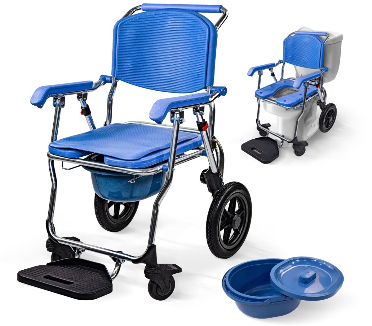 Mobiclinic Babor - Toiletstoel met wielen - Rolstoel met toilet - Aluminium - Postoel - Wielen 12" - Douchestoel - Opvouwbaar en compact - Ruime en comfortabele voetsteun - Bak 6,5 liter - Blauw